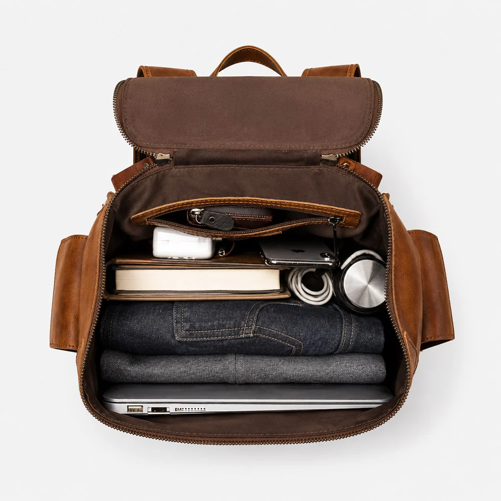 Brown Leather Backpack for Men - Vintage Style Durable Outdoor Travel Bag - Image 6