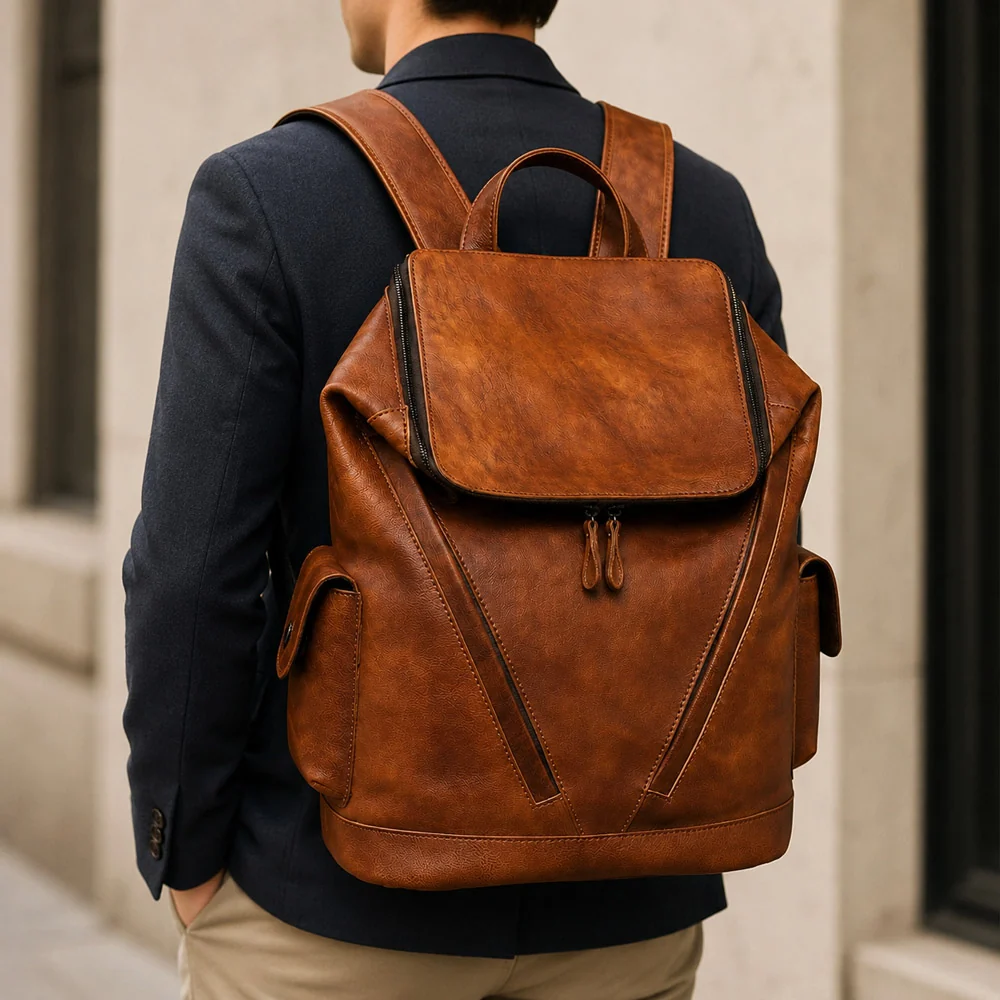 Brown Leather Backpack for Men - Vintage Style Durable Outdoor Travel Bag - Image 9