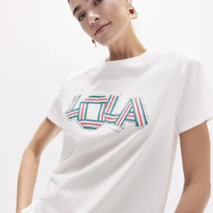 T-SHIRT LOLA CASADMNT DE GOLA REDONDA COM ABERTURAS LATERAIS E BANDAS EM TECIDO COM CRISTAIS